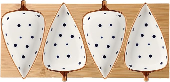 Condiment Tray Japanese Style Leaf Shape Ceramic Sauce Dishes 3.35 Inch Condiments Dish Dipping Plates Soy Sauce Vinegar Appetizer Dishes or Seasoning（with Tray） Dip Sets(B)