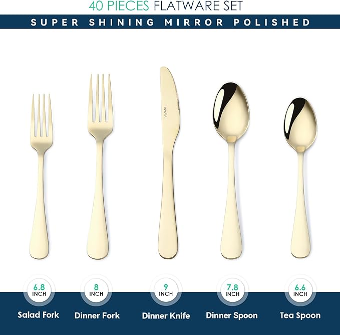 VIVANI 40pcs Champagne Silverware Set for 8, Food-Grade Stainless Steel Light Gold Flatware Set, Utensils Cutlery Set for Home and Cafes, Dishwasher Safe