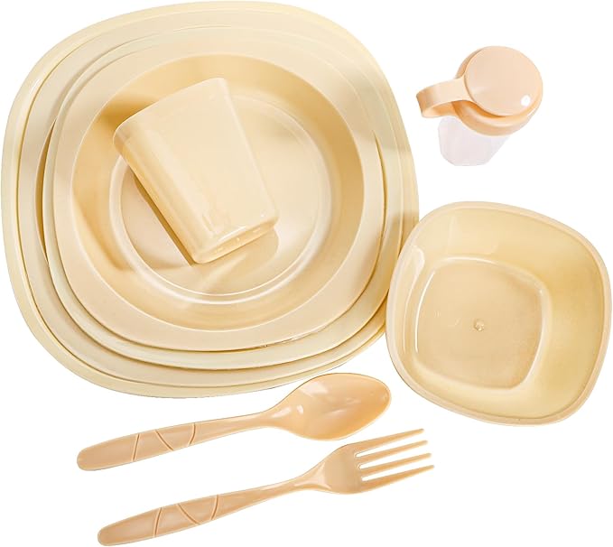 Tebery 46 Pack Camping Dinnerware Set for 6 Portable, Reusable Plastic Plate Bowl Fork Spoon Salt Pepper Shaker Set with Basket, Food Grade Picnic Dishes Cutlery Kit for Outdoor, Party, Travel, BBQ