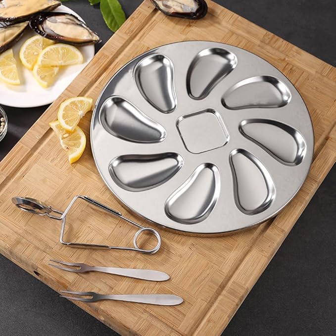 UPKOCH 1 Set of Stainless Steel Oyster Serving Tray, Shell Plate with Fork and Opener Tool, Silver, 9 Inch Diameter, for Home and Restaurant Use
