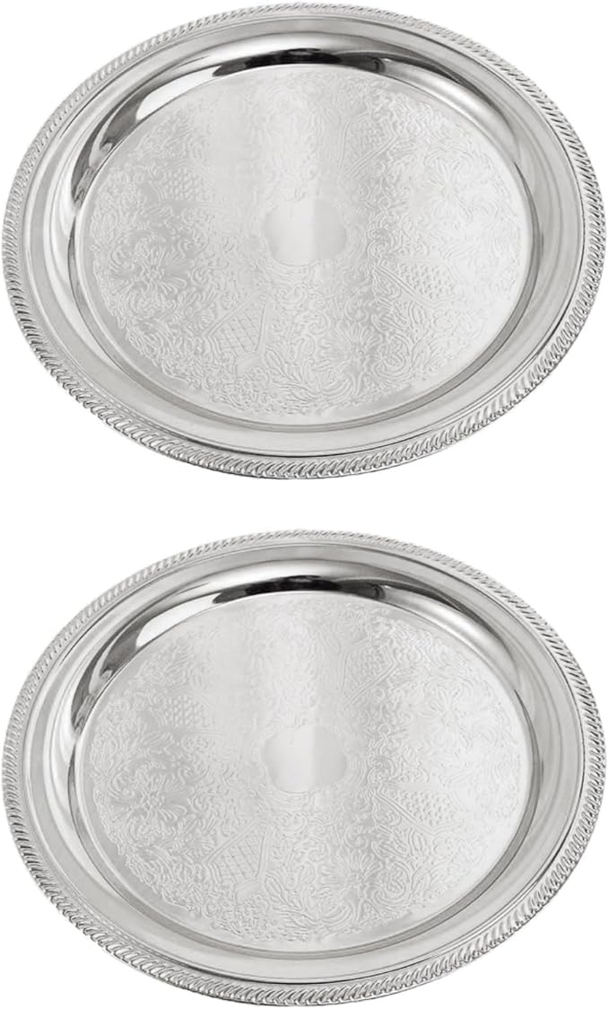 LUOZZY 2pcs Silver Metal Round Serving Tray for Dessert Cake Snacks Afternoon Tea Party