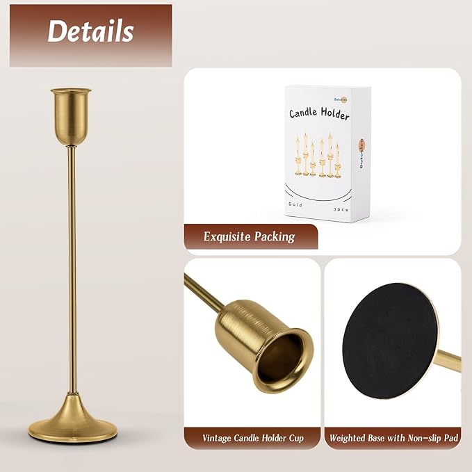Candlestick Holders, Taper Candle Holders Set of 6, Vintage Gold Candle Sticks Holder Decor for Table Centerpiece, Fireplace Mantel, Weddings, Housewarming & Christmas Décor