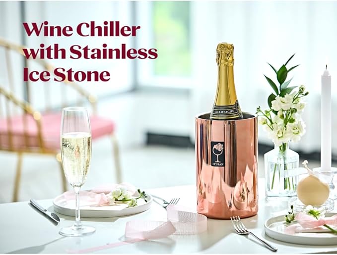 Wine Chiller Bucket with Stainless Ice Stone - Wine Gifts Set of 750ml wine ice bucket cool up to 5 hours - Insulated double walled champange bucket for single bottle(Rose Gold)