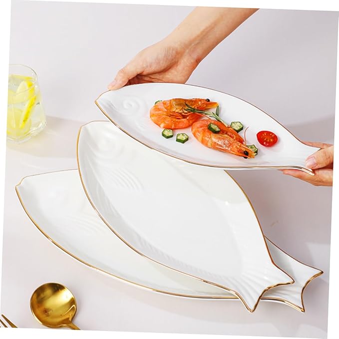 Amosfun Ceramic Fish Plate Gold Trim Decorative Fish Shaped Dish Serving Tray for Appetizers and Snacks Elegant Tableware for Parties Banquets and Home Use