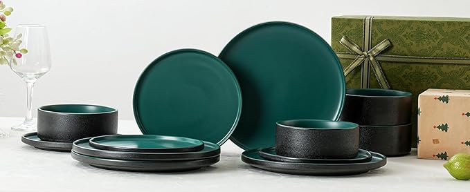 Plates and Bowls Sets, 12 Piece Ceramic Dinnerware Set for Family and Gatherings, Dishes Set for 4, Dishwasher & Microwave Safe, Handcrafted Stoneware Sets, Modern Green