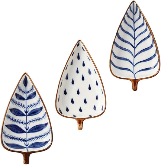 Creative Japanese Style Hand-painted Snack Plates Set 3pcs – Leaf, Water Grass, Raindrop Shapes – Ceramic Appetizer Plates for Seasoning, Dessert Fruit Serving Random Color