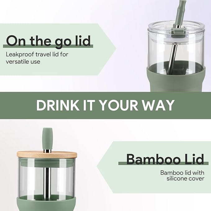 Glass Tumbler with Lids and Straws, 20 oz Iced Coffee Cup and Smoothie Cup with Bamboo Lid and On the go Lid,Glass Cups With Straws