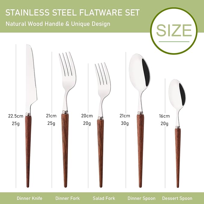 20-Piece Wood Handle Silverware Set 304 Stainless Steel Flatware Set Service For 4, Forks Spoons and Knives Set for Home, Restaurant, Wedding, Party (Rosewood)