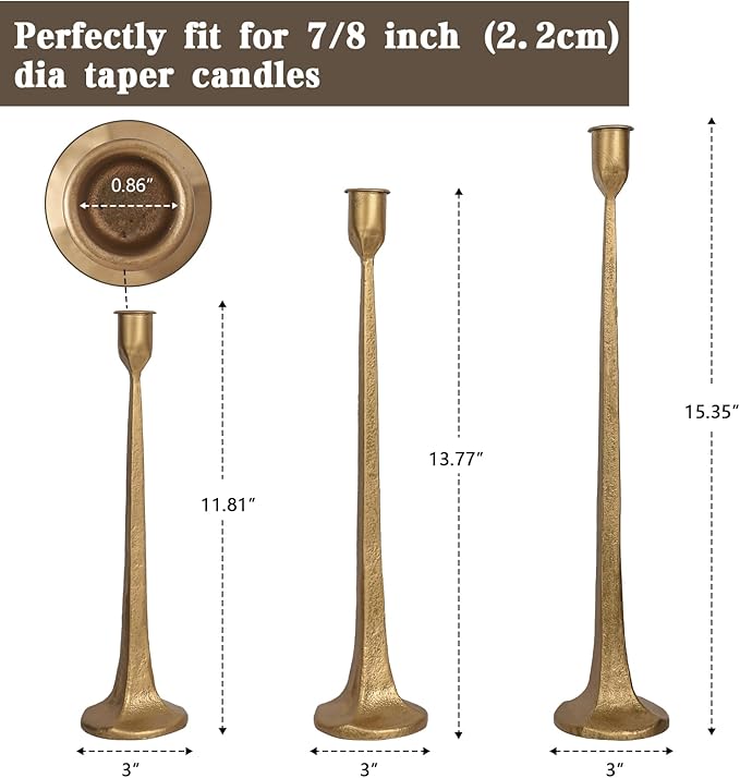Iron Taper Candle Holder Set of 3 - Decorative Tall Candle Stand, Candlestick Holder for Wedding, Dining Table, Party Decoration (Antique Brass)