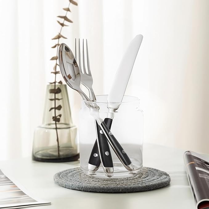 Silverware Set For 12 with Two Rivets, Vintage 60-Piece Everyday Flatware Set with Black Bakelite Handle, Stainless Steel Cutlery Set, Dishwasher Safe, Knives Spoons and Forks Set