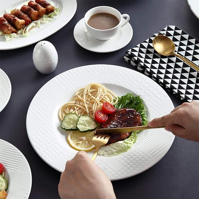 Dinner Plates,Pottery Tableware,48 Pieces Dinnerware Sets, White Ceramics Dinner Sets, Complete Porcelain Combination with Plates, Bowls, Mugs, Coffee Cups and Tea Pot, M