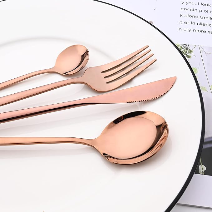 24-Piece Mirror Copper Polished Flatware, 18/0 Stainless Steel Dinnerware Set Include Knife Fork Spoon Teaspoon Cutlery Set For Home Restaurant and Party Service For 6, Dishwasher Safe
