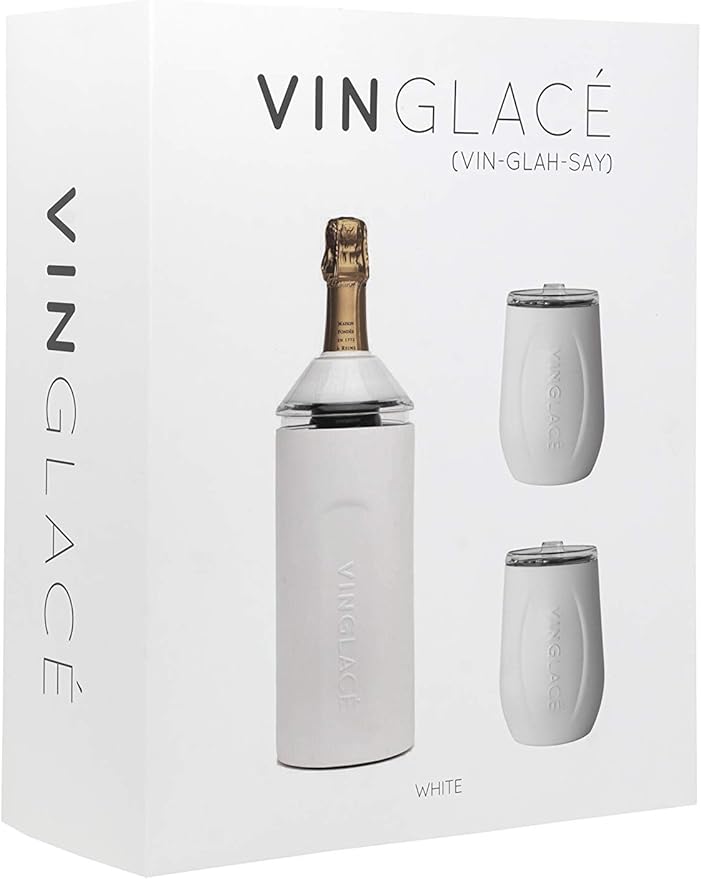 Vinglacé Wine Bottle Chiller Gift Set- Portable Stainless Steel Wine Cooler with 2 Stemless Wine Glasses, White