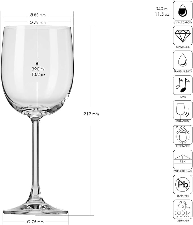 Krosno White & Red Wine Glasses GEMA | Set of 6 | 11.5 oz | For Home, Restaurant and Parties | Dishwasher Safe | Lead-Free Crystal Glass
