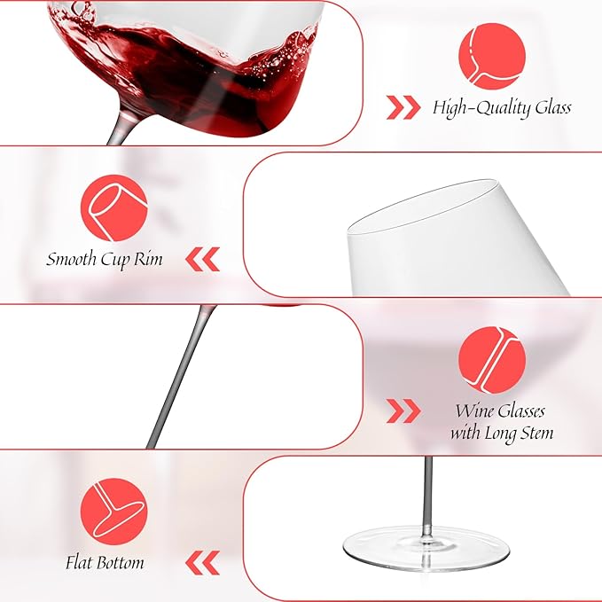 KAMMAK Wine Glasses Set of 2, 32.12 oz Hand Blown Crystal Bordeaux Wine Glasses, Thin Rim & Long Stem, Perfect for Red & White, Daily Use, Wedding or Birthday Gift with Gift Box, 2G-7