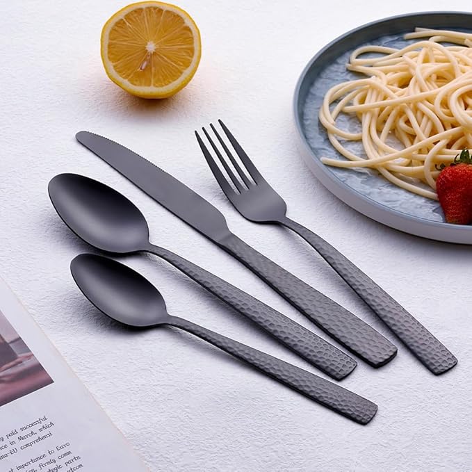 Matte Black 24 Pcs Silverware Flatware Set of 6, FULLYWARE Stainless Steel Hammered Tableware Cutlery Set, Includes Fork Spoon Knife for Home Kitchens, Dishwasher Safe