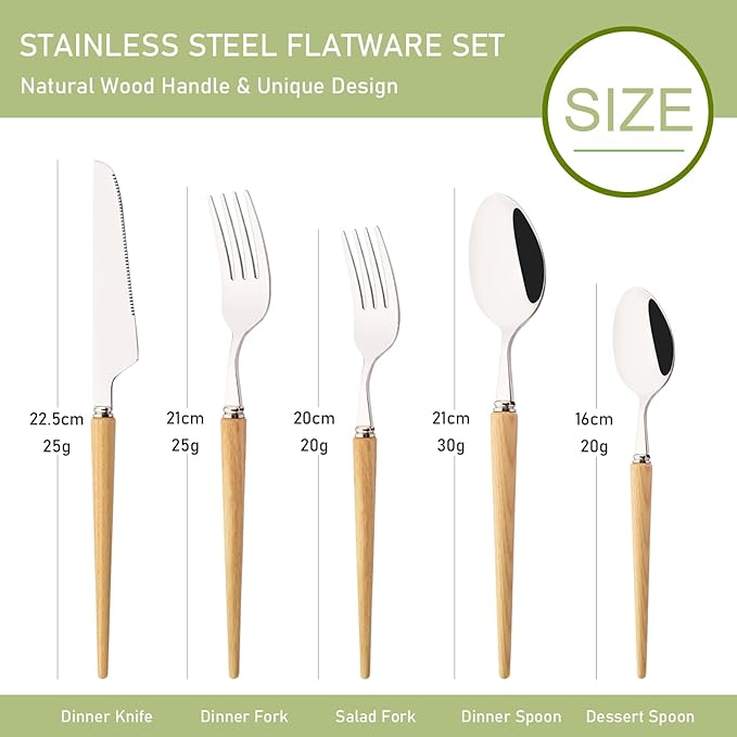 30-Piece Wood Handle Silverware Set 304 Stainless Steel Flatware Set Service For 10, Forks Spoons and Knives Set for Home, Restaurant, Wedding, Party (White Ash Wood)