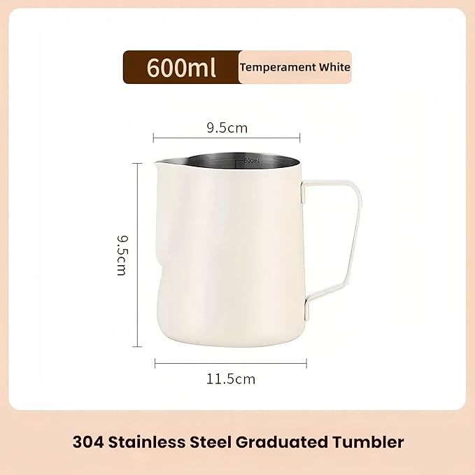Milk Frothing Pitcher,(600ml/20oz) Steaming Pitchers,Stainless Steel Milk Cup,Cappuccino Latte Art Coffee,Barista Steam Pitchers,Temperament White