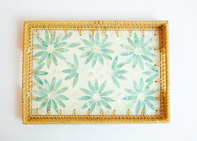 Magenta & Teal Decorative Rectangle Rattan Serving Tray 13x9 inch Mother of Pearl Inlay, Wicker Coffee Table Decor, Farmhouse (Green Flower)