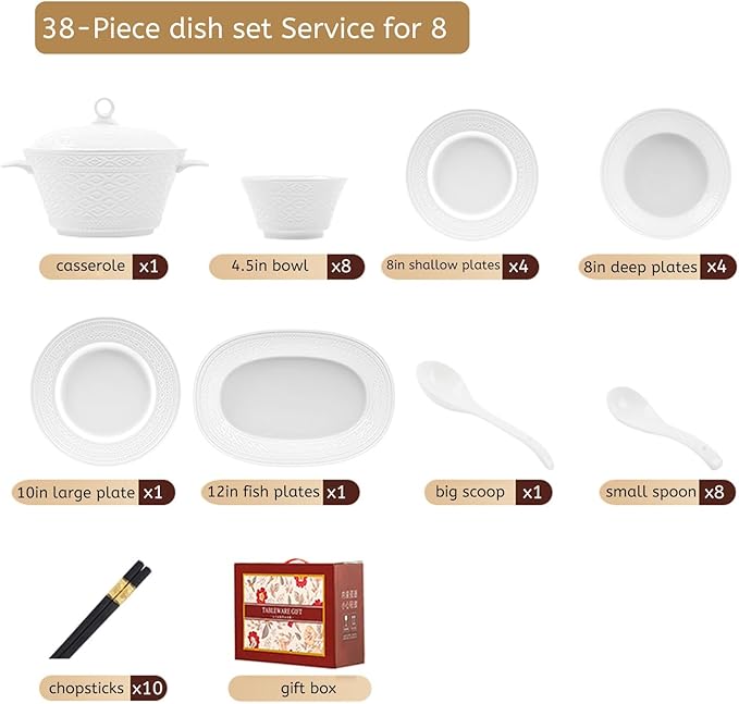 White Dinnerware Sets for 8 Dinner Plates 24 31 38 46 62pcs Plates And Bowls Sets Simple Style Dishware Sets Kitchen Dishes Set Dinner Set for Family Gatherings Dishwasher&Microwave Safe(38pcs)