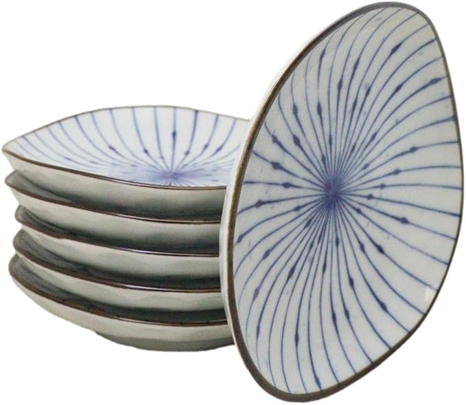 Ebros Gift Artistic Blue Waves Fubuki Tokusa Made In Japan Dinnerware Serveware Kitchenware Set Asian Japanese Restaurant Supply (Pack Of 6 Round Flair Salad Appetizer Small Plates)
