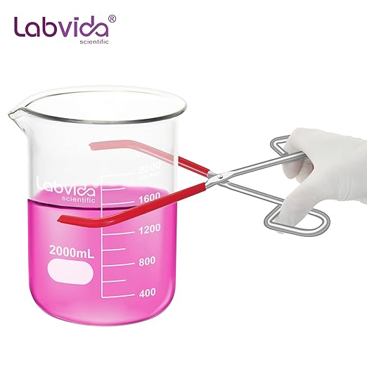 Labs Beaker Tongs, Red Rubber Coated Ends, Nickel Plated 1/4" Steel, for 50mL - 2000mL Capacity, Durable Beaker Clip Pliers Tool Used in Laboratories and Household