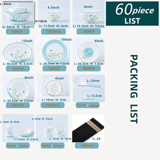 60 Pieces Bone China Dinnerware Set White Magnolia Blossom Pattern Chinese Ceramic Bowl Dish Plate and Disk Set