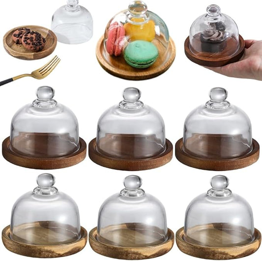 Charcuterie Snow Globes, Glass Cake Stand with Dome, Wood Cake Stands with Lid, Mini Clear Glass Display Candy Domes, Snow Globe Container for Cheese Snacks and Holiday Table Decor(Wood*3+Retro*3)