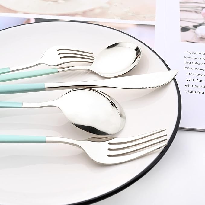 30-Piece Snplowum Mirror Flatware Serving Set, 18/0 Stainless Steel Dinnerware With Mint Green Handle, Modern Durable Home Kitchen Eating Tableware Set Service For 6 (Mint Green Silver)
