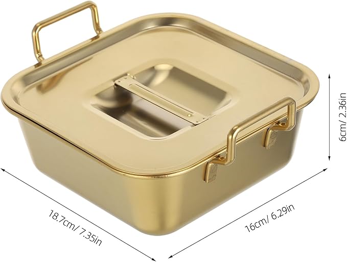 NUOBESTY Stainless Steel Square Snack Basket with Lid and Handles, Food Serving Tray for Fried Chicken, French Fries, Desserts, Party, Buffet, Kitchen (Golden)
