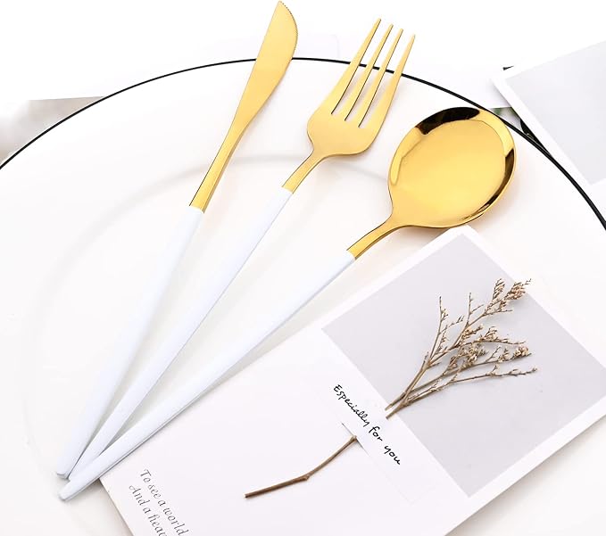 30-Piece Snplowum Mirror Flatware Serving Set, 18/0 Stainless Steel Dinnerware With White Handle, Modern Durable Home Kitchen Eating Tableware Set Service For 6 (White Gold)