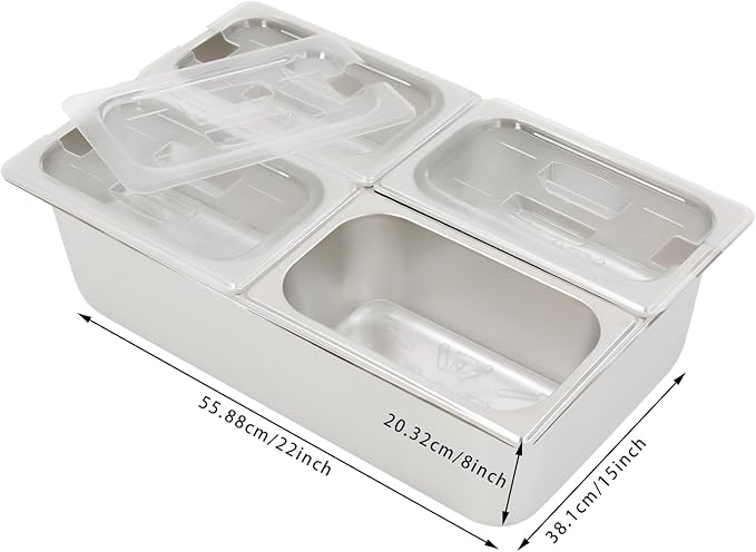 4 Pans Ice Food Serving Display Container, Stainless Steel Serving Tray Catering Supplies Buffet Display Condiment Dispenser Plate Case with Acrylic Replaceable Lids for Restaurant Hotel Kitchen
