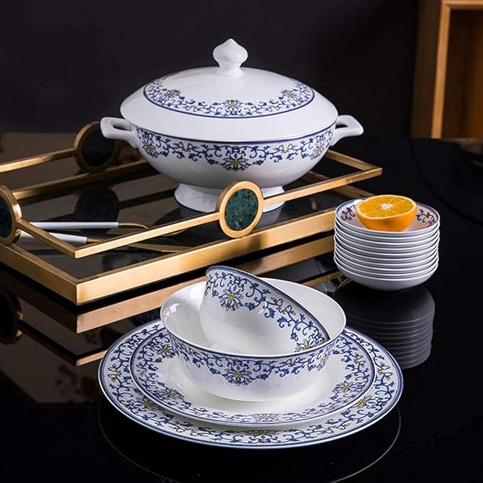 Ceramics Dinner Sets, 58 Pieces Dinnerware Set Blue and White Porcelain Style Bowl/Spoon/Plate - Family Party and Kitchen Restaurant