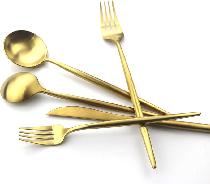 Gugrida 20 Pieces Matte Gold Handle 18/10 Stainless Steel Silverware Set, Flatware Titanium Black Cutlery, Utensils for Home Restaurant Service for 4, Dishwasher Safe (Full Gold)