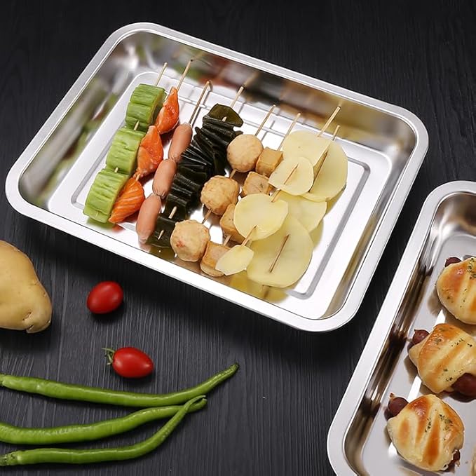Breading Trays Set of 3 Stainless Steel Breading Pans for Dredging Chicken Breasts and Marinating Meat, Food Prep Serving Trays (12.4" x 8.5" x 1.9")