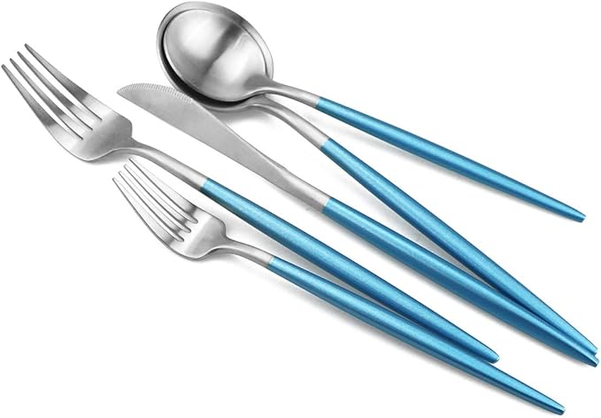 Gugrida Luxury Flatware, Royal 5 Piece Matte Blue Handle 18/10 Stainless Steel Tableware Sets for 1 Including Forks Spoons Knives, Camping Silverware Travel Utensils Set Cutlery (Blue Silver)