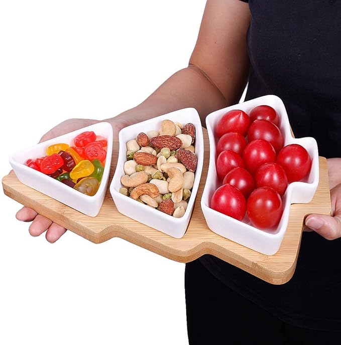 10.8 Inches Snack Appetizer Trays Set, Christmas Tree Dessert Serving Dishes, Snack Platter, 3 pcs Removable White Porcelain Plates with Bamboo Tree Tray