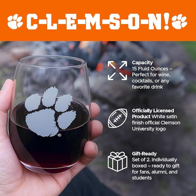 Clemson Tigers Etched Satin Frost Logo Wine or Beverage Glass Set of 2