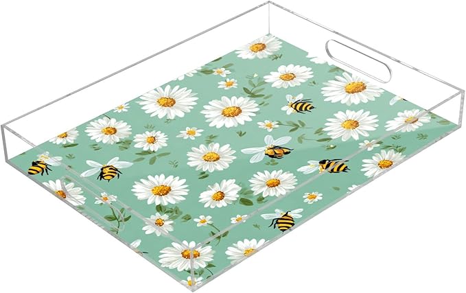 Serving Tray with Handles Clear Acrylic Tray 12x16 Inch Decorative Rectangular Tray Organizer for Ottoman Coffee Table Bathroom Mint Green Daisy Flowers and Bees