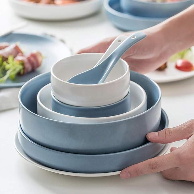 16 Pieces Dinnerware Set White and Blue Ceramic Tableware Set Service for 4 People,
