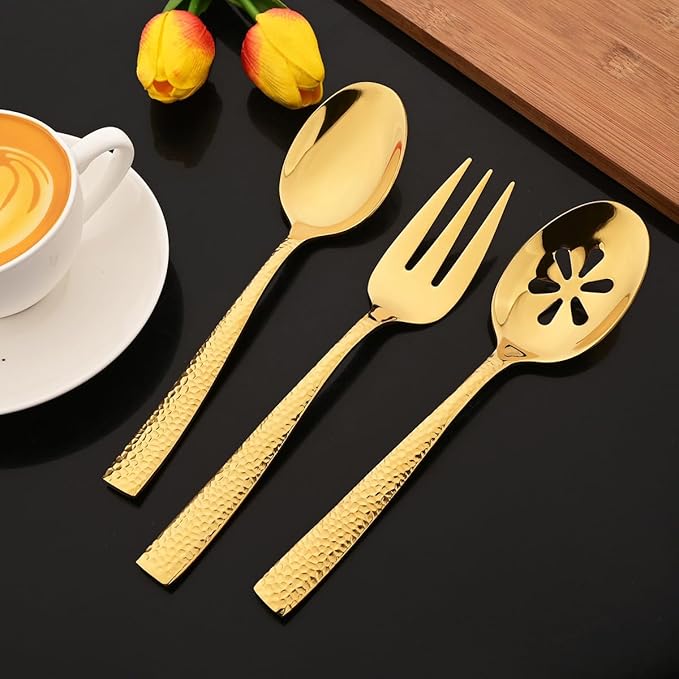 JASHII 5-Piece Gold Hammered Flatware Hostess Set Stainless Steel Serving Fork Slotted Serving Spoon Butter Knife Teaspoon Set for Buffet Party Mirror Polished Dishwasher Safe