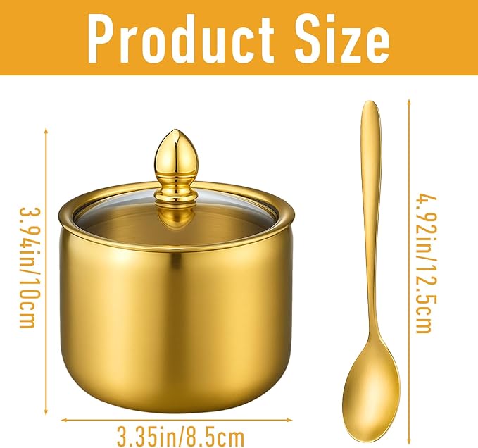 4 Pack 10oz Gold Sugar Bowl with Lid And Spoon, Stainless Steel Sugar Creamer Container Durable Round Jar for Coffee Bar Kitchen Accessories Food Storage Containers, Kitchen Decor Housewarming Gift