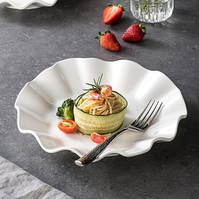 Modern Large Dinner Plates Ceramic Lotus Leaf Soup Plate Special-shaped Western-style Appetizer Creative Household Fruit Kitchen Irregular Pure White Dessert Tableware Stackable Dinner Plates