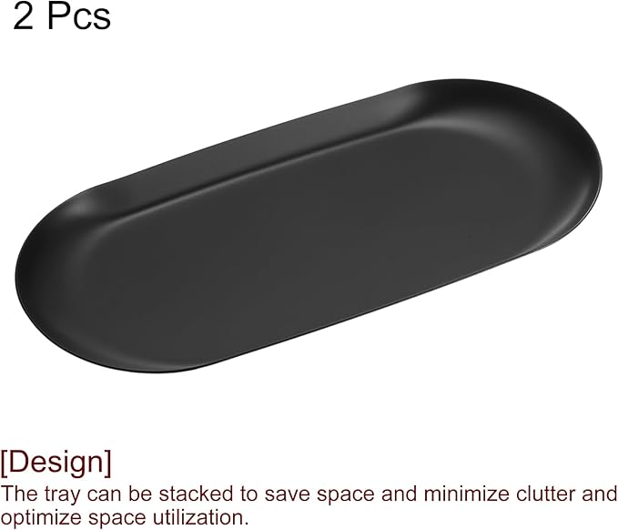 uxcell 2pcs Stainless Steel Decorative Tray, 7 Inch Oval Jewelry Tray, Small Serving Tray for Bathroom Countertops, Closets, Dressers, Black