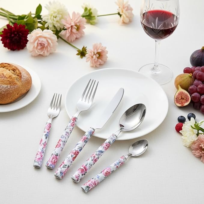Elegant Peony Flower 20-Piece Stainless Steel Flatware Set – Durable, Modern Cutlery set, Service for 4 People, Perfect for Home, Weddings, Parties, and Everyday Use (Plastic Handle, Dishwasher Safe)