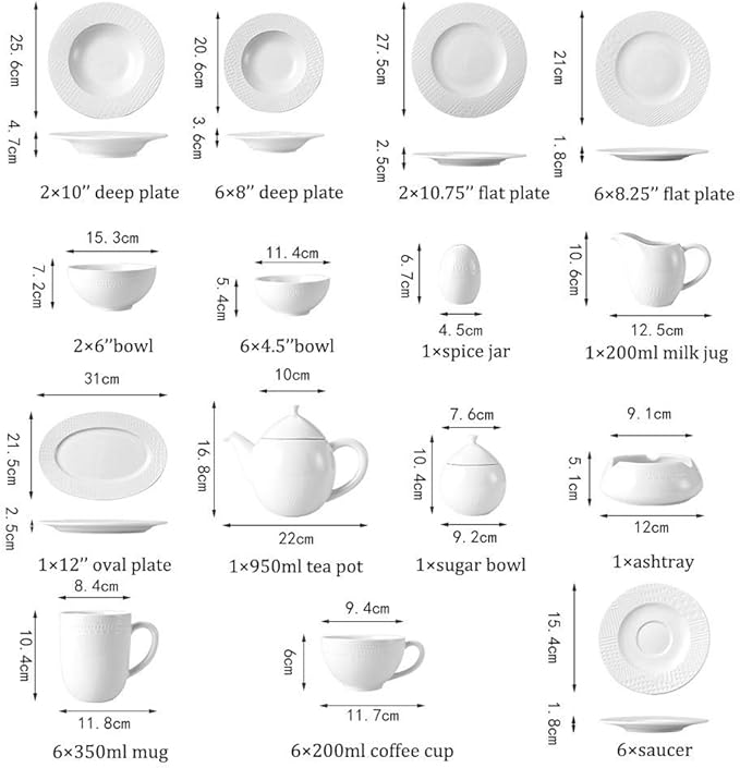 48 Pieces Dinnerware Sets, White Ceramics Dinner Sets, Complete Porcelain Combination with Plates, Bowls, Mugs, Coffee Cups and Tea Pot