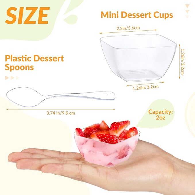 Suclain 200 Pack Dessert Cups with Spoons, 2 Oz Square Clear Plastic Disposable Appetizer Parfait Cups for Tasting Party Appetizers Fruit Parfait Trifle Mousse Pudding(Square Dish)