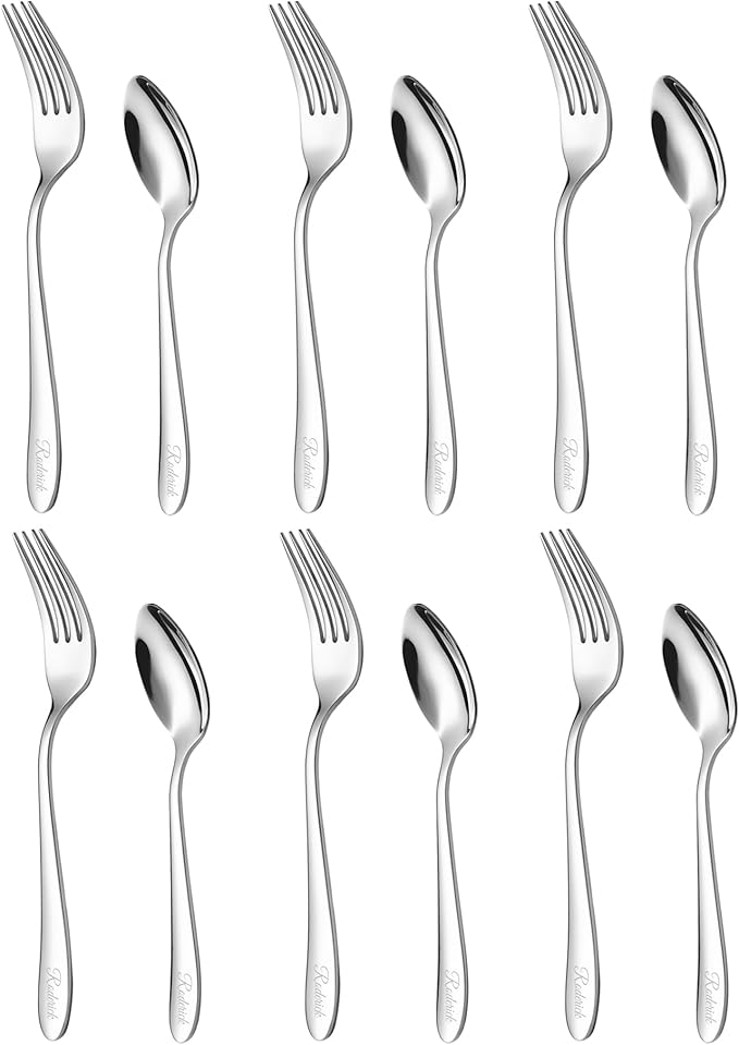 Personalized Dessert Forks and Spoons Silverware Set, 12 Piece Custom Text Engraved Stainless Steel Flatware Cutlery Sets, Mirror Polished Salad Fork and Teaspoon Set