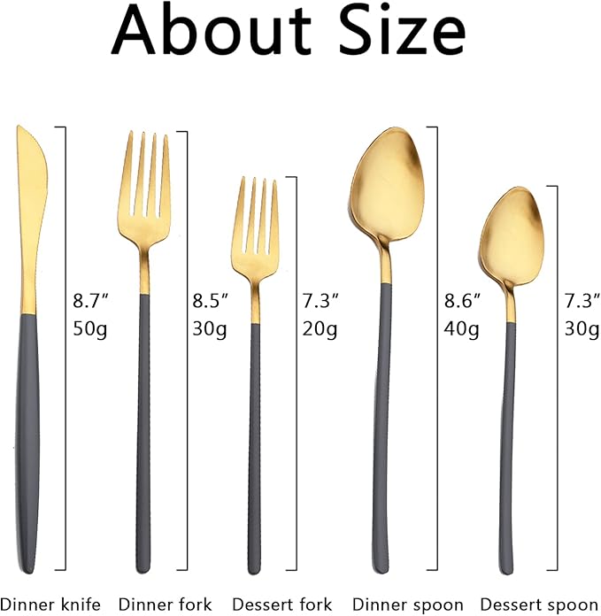 JASHII Slim Handle Silverware Set 20 Pieces, 304 Stainless Steel Colorful Flatware Set, Titanium Plating Cutlery Set, Utensil Sets for Home Dinner Service for 4, Dishwasher Safe - Dark Grey&Gold