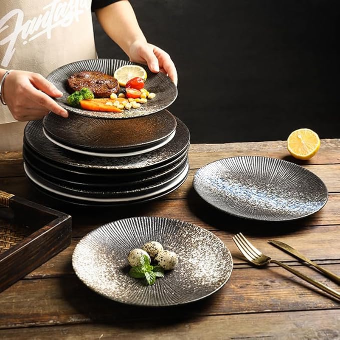 Dessert Plates 1pcs 8/10 Inch Ceramic Plate Simple Round Home Creative Steak Plates Spaghetti Line Flat Dishes Western Restaurant Tableware Dinner Tableware(C,Medium)